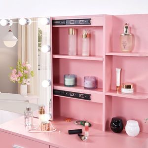 Ensemble coiffeuse rose en panneau de particules texturé avec cinq tiroirs, deux étagères et armoire miroir à porte coulissante - Product Image 3