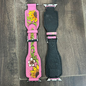 New Premium Pink Genuine Leather <b>Watch</b> Band with Sunflower <b>Tooling</b> Western Style Smart Female <b>Watch</b> <b>Strap</b> Replacement for Gifts - Product Image 6