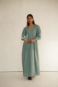 Vestido largo de algodón suave para mujer, cuello en V, manga 3/4, corte holgado, estilo bohemio, cómodo vestido largo de verano - Product Image 5