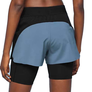 Shorts de course taille haute pour femme, bleu et noir, 100 % coton, anti-boulochage, coupe classique, taille élastique avec poches, motif uni - Product Image 4
