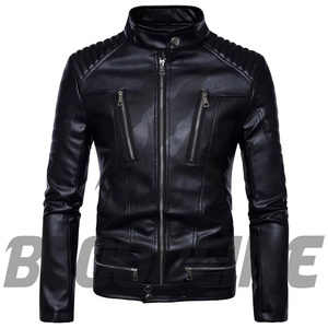 Chaqueta de Motociclista de Cuero PU Negra para Hombre, Corte Ajustado, Cuello Alto, Cierre de Cremallera, para Otoño - Product Image 1
