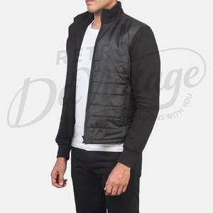 Chaqueta híbrida acolchada negra para hombre, corte ajustado, parte delantera acolchada con mangas de algodón y forro polar, informal, cálida para invierno, con cierre de cremallera. - Product Image 3