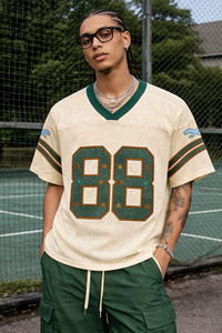 Maillot de football vintage personnalisé en maille, style streetwear oversize, avec numéro graphique en strass, col en V, vente en gros, maillot de football américain - Product Image 2