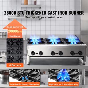 Fornello da Banco Commerciale in Acciaio Inox con 6 Bruciatori a Gas, Piastra Riscaldante a Propano/Gas Naturale, Attrezzatura da Cucina Professionale - Product Image 2
