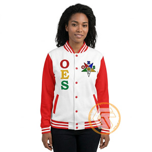 Chaqueta Varsity Acolchada GREEK TREASURES OES Blanca y Roja de Manga Larga con Logotipo Bordado en la Parte Delantera y Cuello Alto para Mujer en Satén de Seda - Product Image 3
