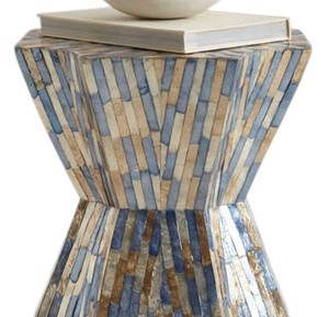 Tabourets à facettes en forme de sablier bleu beige à blocs verticaux, mosaïque artisanale en nacre, petite table d'appoint pour la décoration du salon et de la chambre - Product Image 3