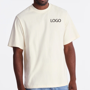 T-shirt surdimensionné uni blanc cassé personnalisé |   T-shirt streetwear en coton épais pour homme avec logo imprimé sur la poitrine |   Haut uni crème à épaules tombantes - Product Image 1