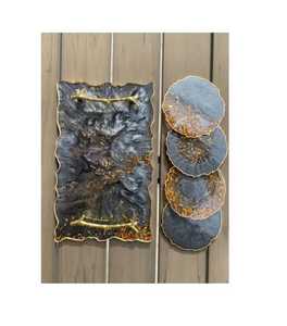 Handmade Resin Serving Tray with Gold Handles and Matching Coasters Elegant Decorative Tableware Luxury Resin <b>Art</b> <b>Set</b> for Decor - Product Image 3
