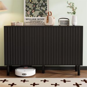 Credenza a 5 Ante in Stile Crema, Mobile Buffet Minimalista con Scarpiera a 4 Ante, Gambe in Legno Massello e Ante Scanalate 4-D S - Product Image 2