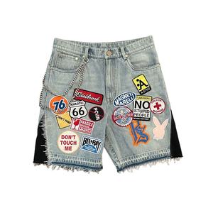 Men's Patchwork Denim Shorts Vintage Washed Streetwear Jean Shorts Graphic Badge Embroidery <b>Hip</b> Hop Loose Fit Custom Logo OEM - Product Image 4