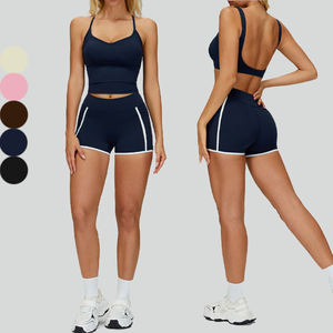 Ensemble d'entraînement taille haute pour femme, marque privée, écologique, respirant, en Spandex/Nylon, séchage rapide, avec short color block et poches assorties - Product Image 1