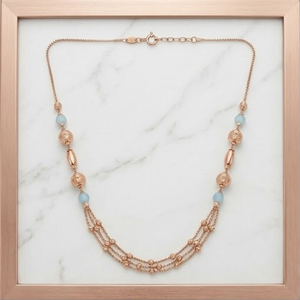 Collier Mala italien en argent 925, finition or rose, pierre bleue, chaîne à plusieurs rangs, bijoux perlés design pour femmes - Product Image 2