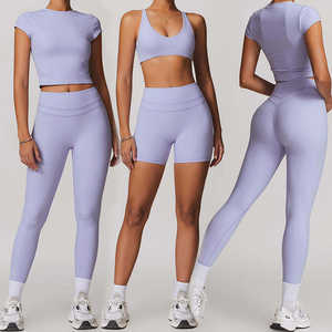 Ensemble de vêtements de sport trois pièces pour femmes, noir, extensible, haut court, débardeur et leggings, tenue de fitness décontractée pour femmes, coupe ajustée - Product Image 3