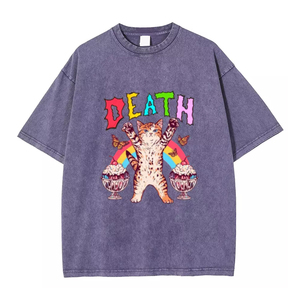 T-shirt unisexe gris délavé à l'acide, col rond, manches courtes, 100% coton, imprimé chat arc-en-ciel, motif 'Death Front', toutes saisons, coupe ample - Product Image 3
