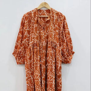 Vestido midi de gasa de algodón con estampado artesanal |   Estilo Boho con Cuello Profundo - Product Image 1