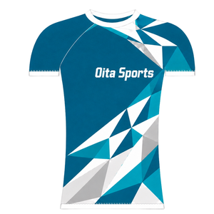 Maillot de compression athlétique à manches courtes, col ras du cou, motif géométrique, pour entraînement de performance, couleur Teal White - Product Image 1