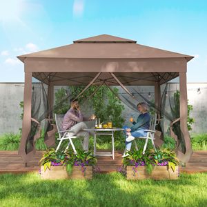 Gazebo Pop-up da Esterno 3,35 x 3,35 m con Tettoia Impermeabile, Struttura in Acciaio, Zanzariera con Cerniera e Borsa per il Trasporto - Marrone - Product Image 6