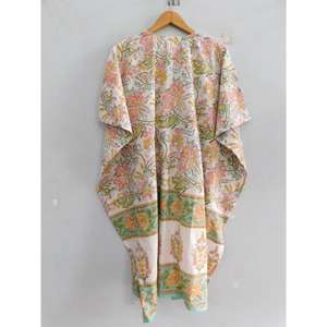 Robe tunique kaftan en coton faite main, imprimé floral, style bohème, pour la plage, coupe ample, tenue d'été, col en V, manches chauve-souris, pour femme - Product Image 4