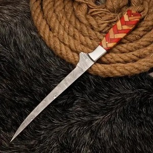 Couteau à filet en acier Damas fait main 12 pouces, manche en bois d'olivier et Pakka, talon en acier, lame droite, épaisseur 0,6 mm, étui en cuir - Product Image 3