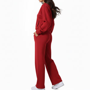 Conjunto deportivo personalizado para mujer de color sólido, chaqueta con capucha y cremallera, pantalones deportivos de pierna recta, conjunto de sudadera de algodón grueso. - Product Image 6