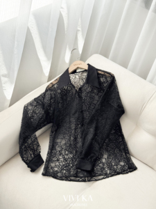 Camisa de encaje transparente negra para mujer, blusa de manga larga con botones y top de sujetador a juego, ropa informal CHERISH - Product Image 5