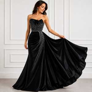 Vestido de Noche Largo de Satén Rojo de Lujo sin Tirantes con Adornos de Cristal, Vestido de Fiesta Recto de Diseñador Personalizado, Elegante y Formal - Product Image 1