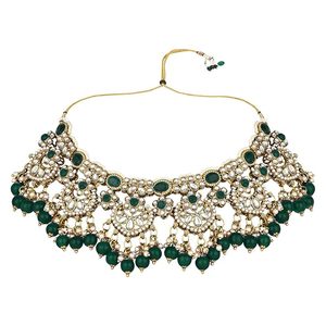 Ensemble de collier vintage plaqué or avec cristal vert et perles d'imitation, design floral pour femmes, bijoux de mariage - Product Image 1