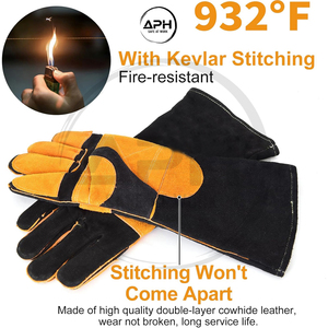 Gants de soudeur en cuir pleine fleur noir avec paume jaune, résistants à la chaleur, manchette longue, équipement de travail robuste - Product Image 3