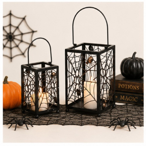 Set of 2 Decorative Black Metal Halloween <b>Lanterns</b> with Intricate Spider Web Punch Detail Powder Coated Iron Candle Holder - Product Image 4