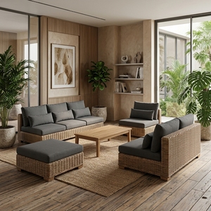 New Modern Minimalist Rattan Living Room Sofa Set Luxury Outdoor <b>Patio</b> Garden Sectional Lounge Seating Black Cushions Wooden Tab - Product Image 3