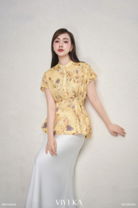 Blusa de Chifón con Estampado Floral para Mujer, Cuello Mandarín, Manga Corta, Peplum, Estilo Chino, Corte Regular, Primavera-Verano, VENUS - Product Image 4