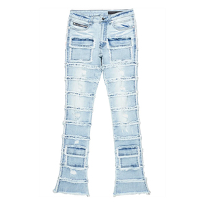 Pantalon en jean de coton pour homme de haute qualité, style streetwear, coupe droite, effet usé, déchiré, effet empilé, vente en gros - Product Image 2