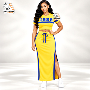 Conjunto de Dos Piezas Azul y Dorado de la Hermandad Femenina Sigma Gamma Rho 1922, Top Corto con Cuello Redondo y Falda Maxi con Bloques de Color, 100% Algodón Bordado - Product Image 2