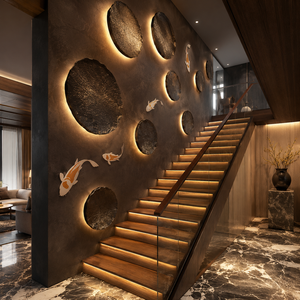 Escalier en bois de luxe avec éclairage LED intégré dans les marches, garde-corps en verre, design d'escalier moderne pour villa, hôtel, intérieur de maison - Product Image 3