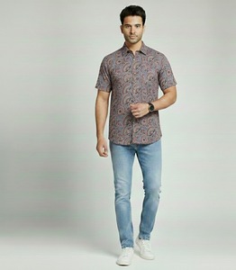 Camisa Casual de Hombre de Alta Calidad, Personalizada, con Cierre de Botones, Manga Corta, Estampado a Rayas, Tela Batik, Cuello Camisero, 100% - Product Image 2