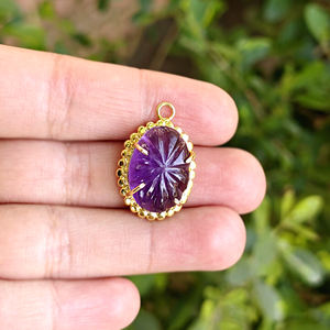 Pendentifs ovales sculptés en améthyste en gros, connecteurs en pierres précieuses naturelles, laiton plaqué or 18 carats, attache simple, mois de naissance de février - Product Image 4