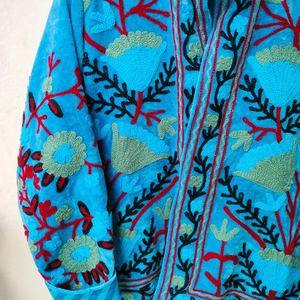 Handcrafted Breathable Eco-Friendly Blue Velvet Quilted <b>Jacket</b> Heritage Floral Embroidery <b>Mandarin</b> <b>Collar</b> Ultra-Soft Luxurious - Product Image 6