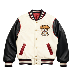 Men's Varsity <b>Jacket</b> Cream Black PU <b>Leather</b> Sleeve Cartoon <b>Dog</b> Embroidery Front Casual Wear - Product Image 1