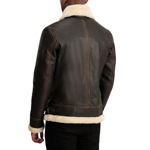 Veste en cuir véritable vintage pour homme, fermeture éclair, col rabattable, doublure en fourrure sherpa, manteau d'hiver - Product Image 5