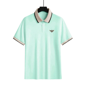 <b>Men</b> Solid Mint <b>Green</b> Breathable for <b>Shirt</b> Short Sleeve Knit Top Contrast Collar Cuff Trim Button Placket Regular Fit Casual - Product Image 1