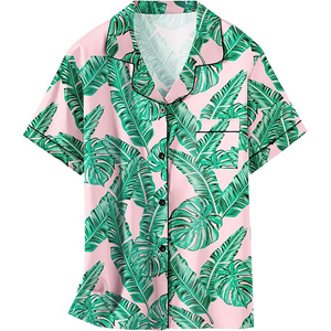 Conjunto de 2 piezas con estampado de hojas tropicales y cuello vuelto para mujer, traje de noche de manga corta con botones delanteros y pantalones cortos con cintura elástica - Product Image 3