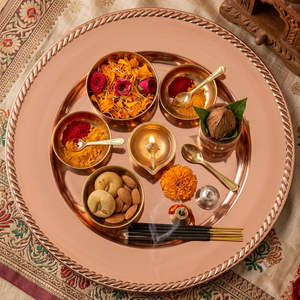 Ensemble de thali en cuivre fait main pour la Pooja, assiette traditionnelle pour la Puja, cadeau pour le festival Diwali, thali Aarti, décoration pour le temple à domicile, vente en gros - Product Image 2