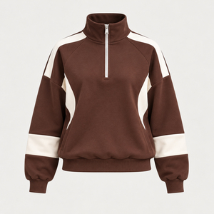 Ensemble sweat-shirt marron à col zippé et pantalon large pour femme, design à empiècements, coupe décontractée, tenue décontractée d'automne, streetwear - Product Image 3