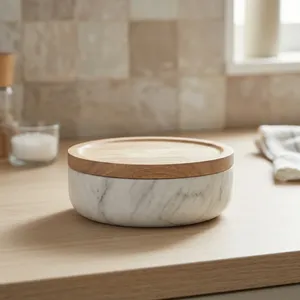 Natural Marble <b>Bowl</b> <b>with</b> Wooden <b>Lid</b> Decorative Storage <b>Bowl</b> Kitchen Serving Container Food Storage <b>Bowl</b> Home Restaurant - Product Image 6