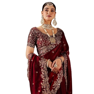 Sari de satén Fendy de diseño, pesado y brillante, con bordado completo en C Pallu y trabajo de corte, es un lujoso vestido étnico diseñado para mujeres. - Product Image 1