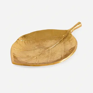 Gold Metal Long Leaf Decorative Platter - <b>Large</b> design Dining Table Decorative Platter - Product Image 1