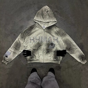 Sweat à capuche streetwear pour homme en molleton de coton épais, délavé à l'acide, effet vieilli vintage, avec strass et logo personnalisé - Product Image 4