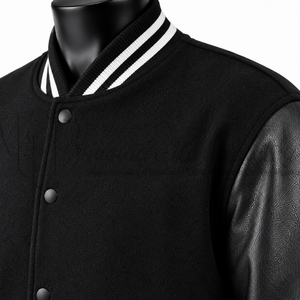 Custom Black Wool Leather Varsity <b>Jacket</b> <b>Men</b> <b>White</b> Stripe Rib Letterman Baseball <b>Jacket</b> OEM Embroidery Bulk Manufacturer - Product Image 6