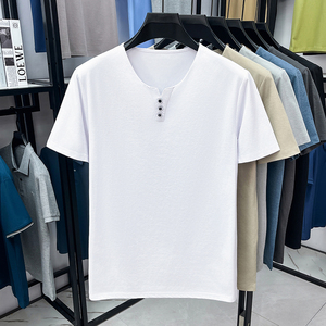 Men's <b>Black</b> V-Neck Short Sleeve Cotton <b>T</b>-<b>Shirt</b> Regular Fit Casual Solid Color Breathable Knitted <b>Plain</b> Design - Product Image 2