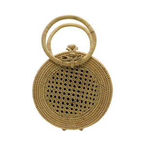 Handwoven Round Rattan Handbag with Circle Handles - Natural Wicker Tote Purse with Cane Webbing Panel - Product Image 2